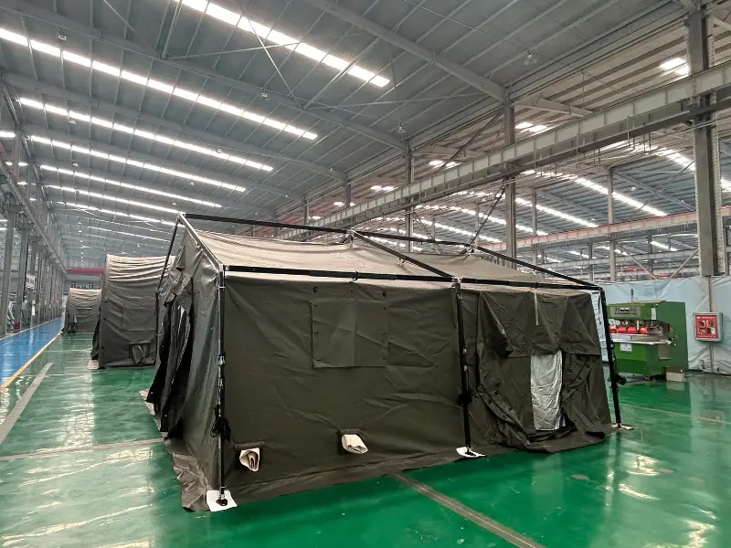 Steel frame tent inspection area