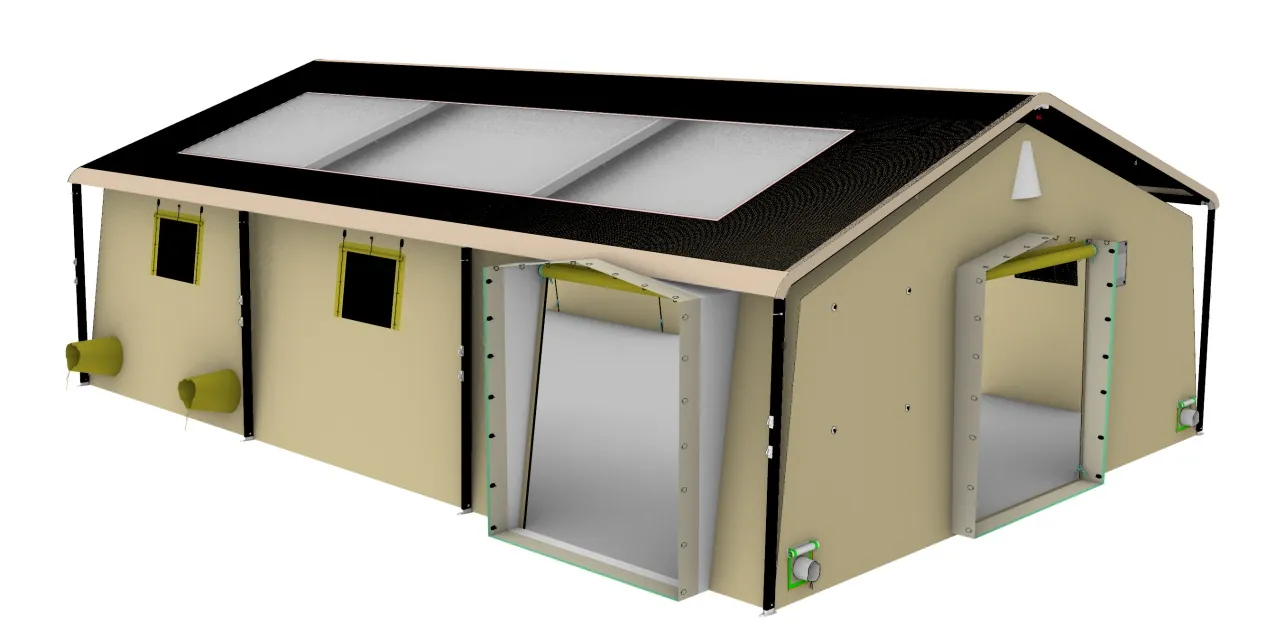 6x9m rapid deployment tent 3D render in sand color
