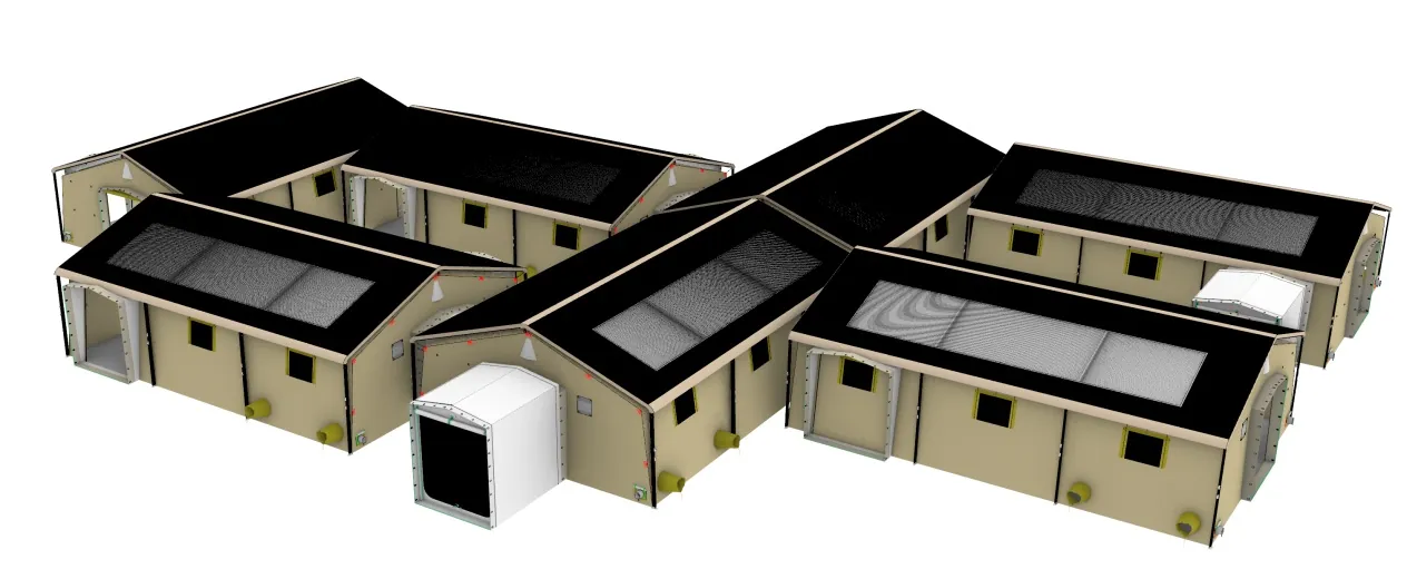 deployable shelter system - aluminum frame shelters linked into one continuous row