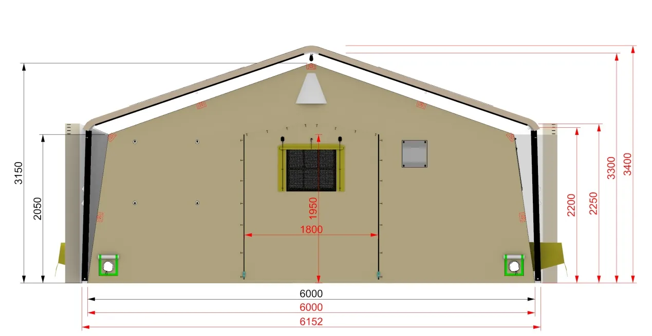 rapid deployment shelter dimensions - end elevation drawing with 3.15 m ridge and 2.15 m eave heights