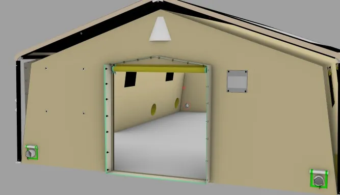 insulated tent liner - gable interior of an aluminum frame relief shelter