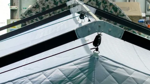 aluminum frame tent structure - ridge pulley lift on the apex of the frame