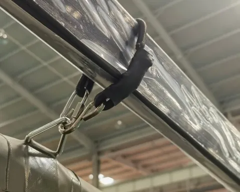 aluminum frame tent cover - webbing hook fastening the PVC fabric to the frame